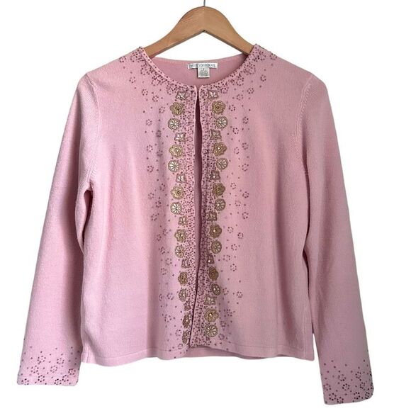Vintage Women Petite M Sweater Cardigan Pink Gold Beaded Ornate Sparkle Jacket - Picture 1 of 11